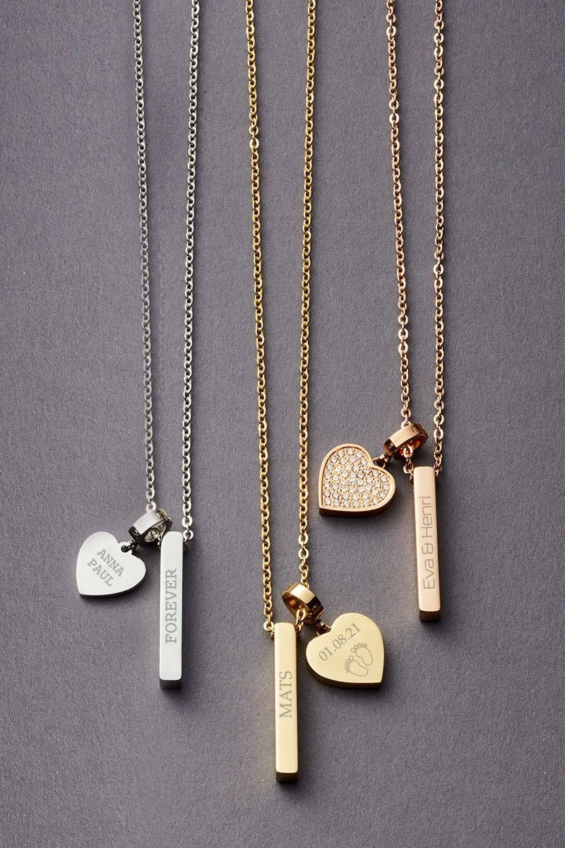 Personalized Bar & Heart Charm Necklace – Custom Engraved Name Pendant