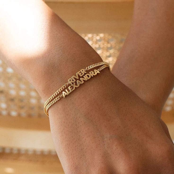 Myaura Jewellery – Double Name Personalized Bracelet | Custom Stacked Name Bracelet for Women